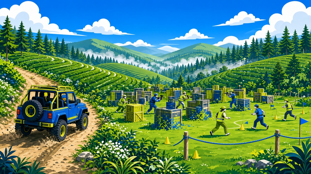 Ilustrasi pilihan aktivitas offroad, paintball, dan fun games di Lembang