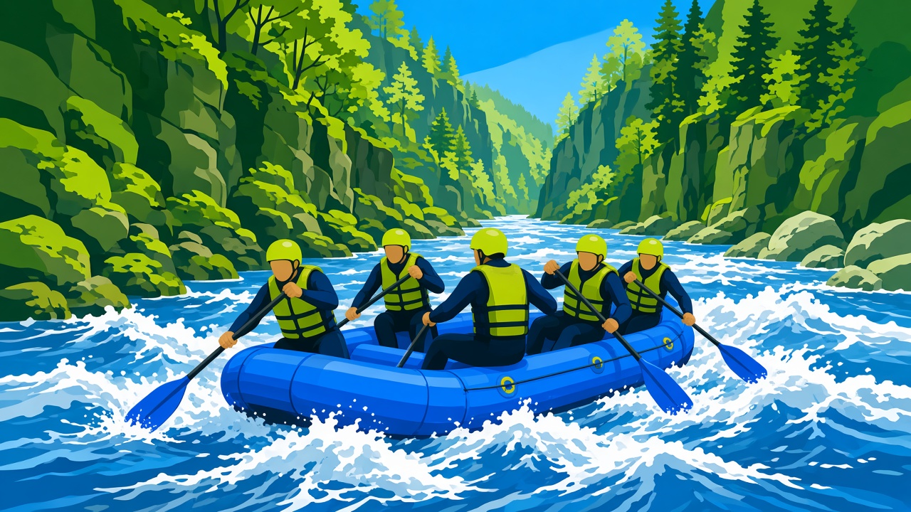 Ilustrasi rombongan mendayung perahu karet saat rafting